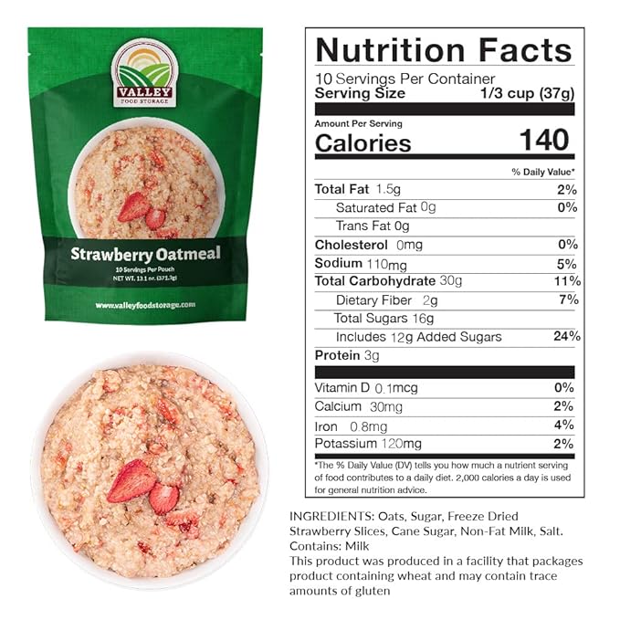 Valley Food Storage Freeze Dried Strawberry Oatmeal | 10-Bag Bucket 100 Servings | Premium Emergency Food Supply with 25 Year Shelf Life | Non-GMO Freeze Dried Breakfast &amp Prepper Food