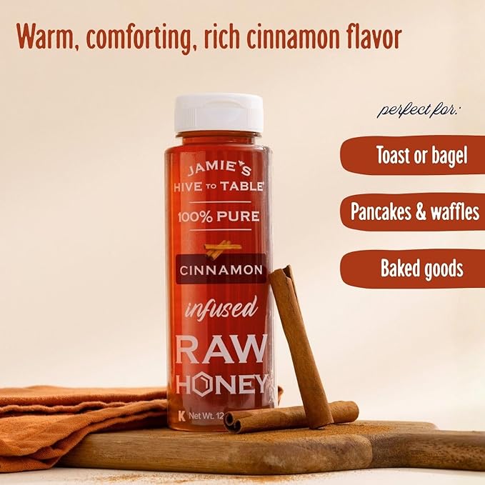 Jamie's Hive to Table Infused Honey Gift Set – Hot Lemon and Cinnamon Flavors 36 Oz Pack of 3 Squeeze Bottles – 100% Natural Raw Honey