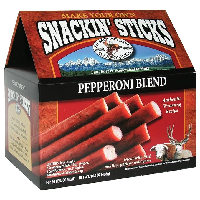 Hi Mountain Seasonings ǀ Snack Stick Seasoning Kit ǀ PEPPERONI BLEND ǀ Includes Seasoning Cure Casings &amp Directions ǀ Seasons up to 20 lbs of Meat ǀ Beef Pork Venison Deer &amp Wild Game