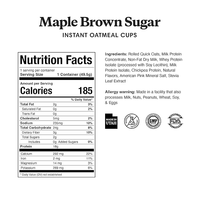 ProDough High Protein Instant Oatmeal Cup 18g of Protein per Serving No Added Sugars Low Carb Healthy Breakfast Cup Incredible Taste (12pk Maple &amp Brown Sugar)
