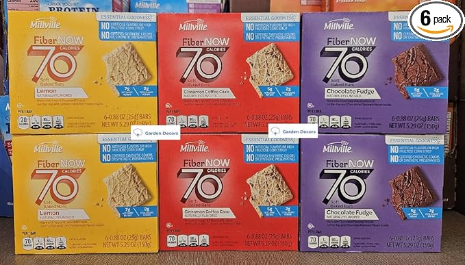 Fiber NOW Millville 70 Calories Soft Baked Bars Lemon Chocolate Fudge Cinnamon Coffee Cake 5.29oz 150g (Six Boxes)