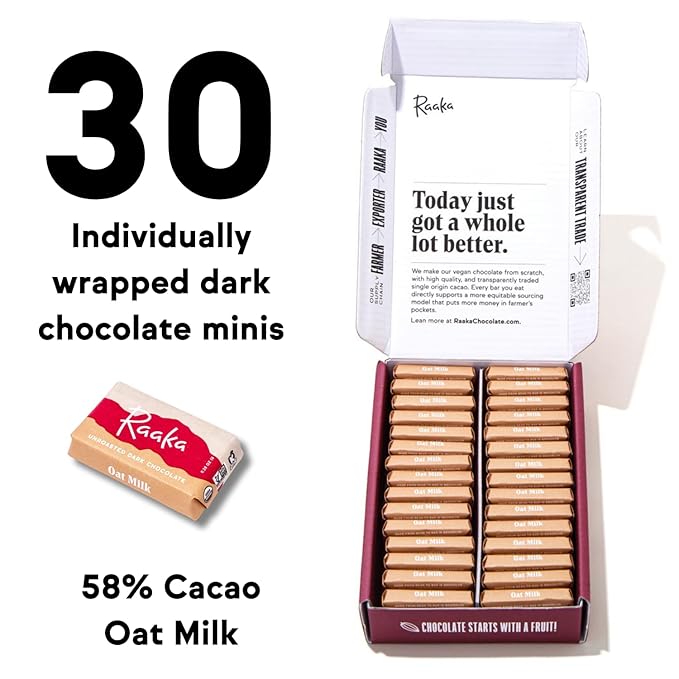 Raaka Oat Milk Chocolate Gift Box | 58% Cacao Vegan Milk Chocolate | Organic Vegan Gluten Free | Box of 30 Individually Wrapped Chocolates