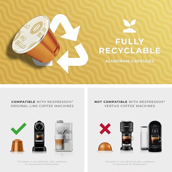 Piu Bello Coffee Pods - Nespresso Machine (Original) Compatible Capsules Pack - Rich &amp Balanced Taste - Strong Italian Espresso Flavored - Kosher Certified (120 Count Single Flavor) (Espresso Bion