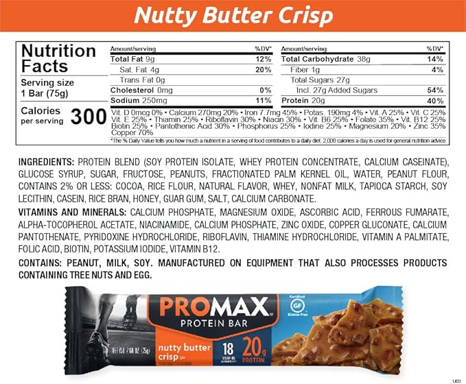 Promax Protein Bar Nutty Butter Crisp 20g High Protein Gluten Free 12 Count