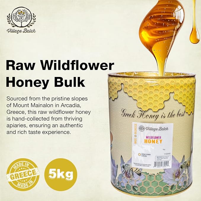 Village Batch Raw Organic Wildflower Honey Bulk 11 lb. (Pack of 1) Organic and Unpasteurized Authentic Greek Honey from Mount Mainalon Rich and Floral Perfect for Cooking Baking and Sweetening