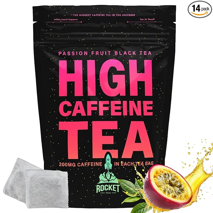High Caffeine Tea - Highly Caffeinated Passion Fruit Black Tea - Natural Blend High Energy Tea Coffee Alternative With 200mg Caffeine Herbal Tea Coffee Substitute Pack of 14 Biodegradable Tea Bags