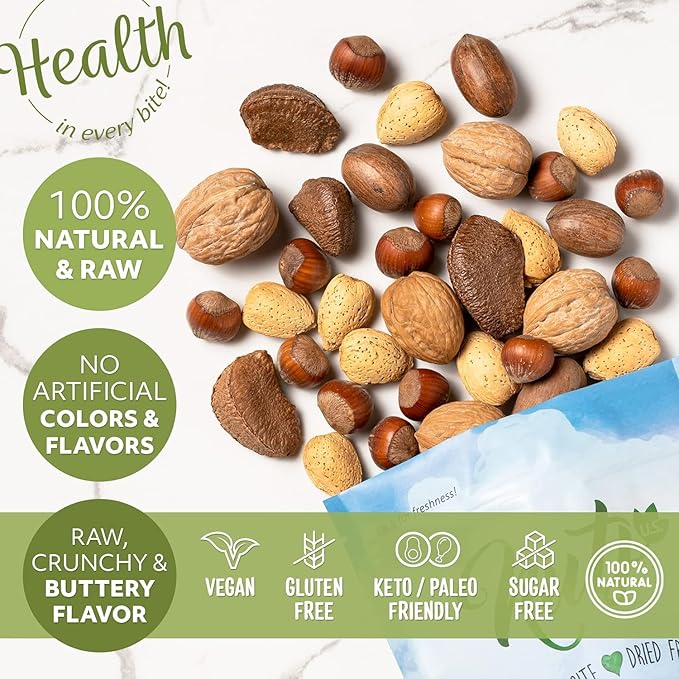 NUTS U.S. – Mixed Nuts In Shell (Almonds Walnuts Hazelnuts Pecans Brazil Nuts) | No Added Colors and No Artificial Flavors | Fresh Buttery Taste and Raw |Packed In Resealable Bags (2 LBS)