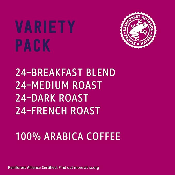 Amazon Brand - Happy Belly Variety Pack Compostable Coffee Pods Compatible with K-Cup Brewer (Breakfast Blend Dark/ Medium/ French Roast) 96 count (Pack of 1)