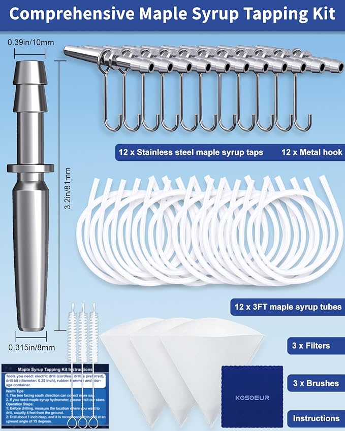 42Pcs Maple Syrup Tapping Kit Maple Tree Tapping Kit with 12 Metal Maple Syrup Spiles 12 Maple Syrup Tubes 12 Hooks 3 Maple Sap Filters Tree Tapping Kit for Maple Syrup Making Equipment