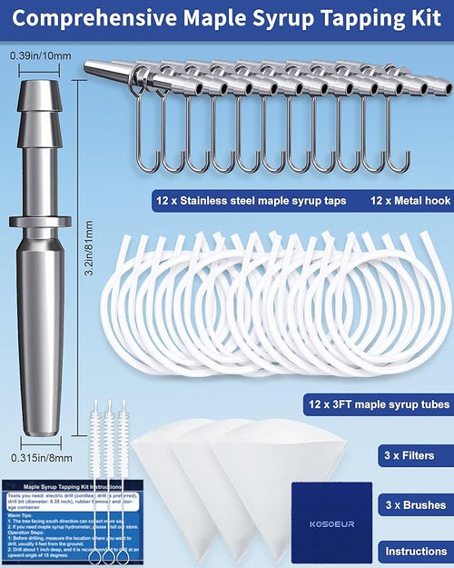42Pcs Maple Syrup Tapping Kit Maple Tree Tapping Kit with 12 Metal Maple Syrup Spiles 12 Maple Syrup Tubes 12 Hooks 3 Maple Sap Filters Tree Tapping Kit for Maple Syrup Making Equipment