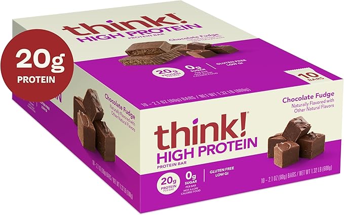 think! Protein Bars High Protein Snacks Gluten Free Kosher Friendly Chocolate Fudge Nutrition Bars 2.1 Oz per Bar 10 Count (Packaging May Vary)