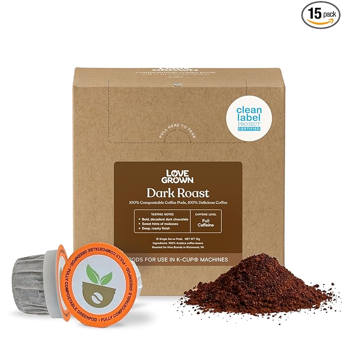 Love Grown Compostable Coffee Pods - Compatible With Most Major Coffee Pod Brewer - 100% Arabica Plastic-Free Non-GMO - Dark Roast Box of 15