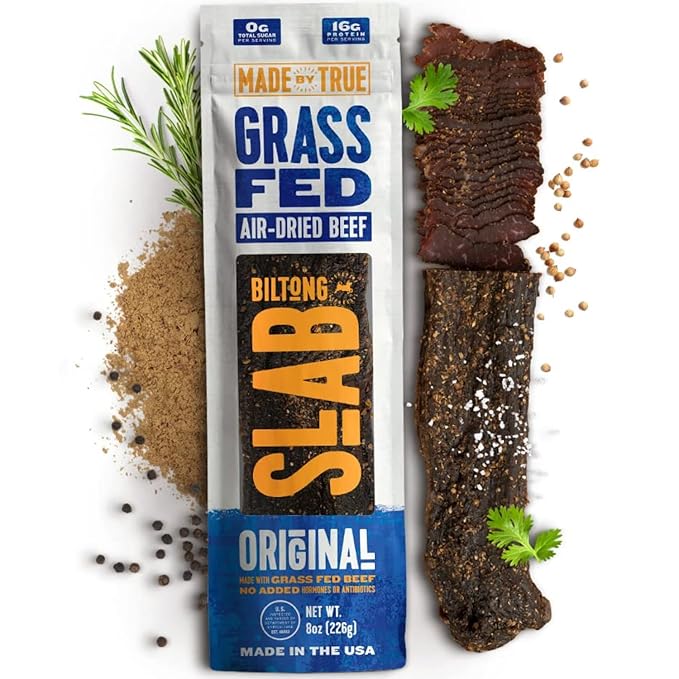 Made by True Original Biltong Slab - Premium Grass-Fed Whole Beef Jerky Slab (8 oz Pack of 1) - High-Protein Keto Snack All-Natural &amp Gluten-Free Antibiotic-Free No-Carb - (Uncut Charcuterie S