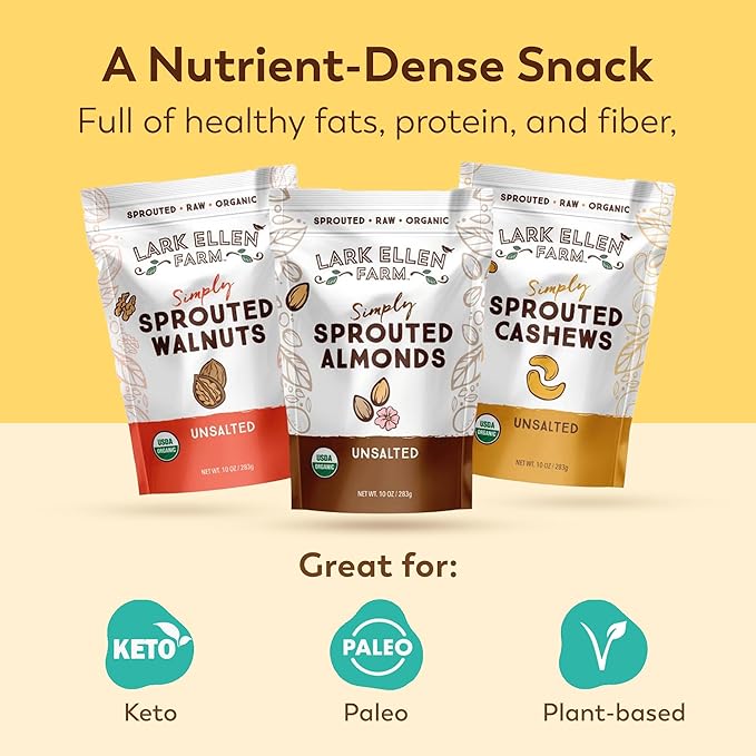 Lark Ellen Farm Sprouted Organic Nuts Variety Pack – Almonds Walnuts &amp Cashews – Raw Vegan Gluten-Free Non-GMO Clean Label Snacks (1 Bag Each 10 oz)
