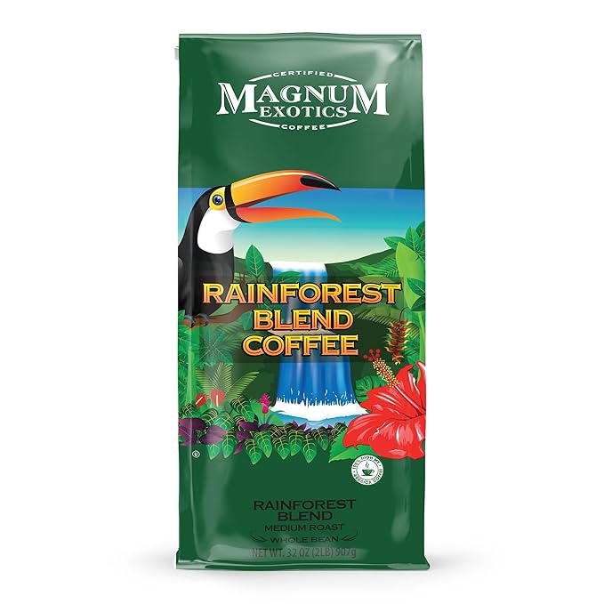 Magnum Exotics Rainforest Blend Whole Bean Coffee - Coffee Beans Medium Dark Roast Caffeinated Roasted Bulk Brew Rich &amp Smooth Flavor Fresh Roast - 32 oz (2 lb) Bag