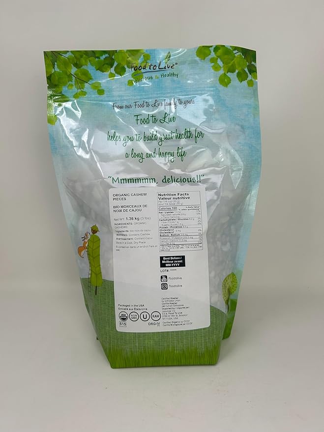 Food to Live - Organic Cashew Pieces 3 Pounds - Non-GMO Kosher Raw Vegan Unsalted Unroasted Bulk
