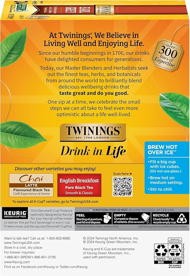Twinings Earl Grey Black Tea K-Cup Pods for Keurig 24 Count (Pack of 2) 48 Total Flavoured with Citrus and Bergamot Caffeinated Enjoy Hot or Iced