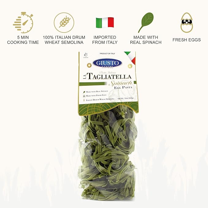 Giusto Sapore Italian Pasta - Egg 340g - Premium Bronze Drawn Durum Wheat Semolina Gourmet Pasta Brand - Imported from Italy and Family Owned (Spinach 6 Pack)