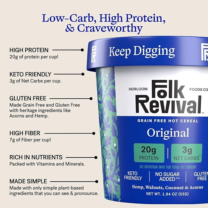 Folk Revival Original Keto Instant 'Oatmeal' - 20g Protein 3g Net Carbs High Fiber Non GMO Gluten Free Made with Acorns - 12 Cups Per Case