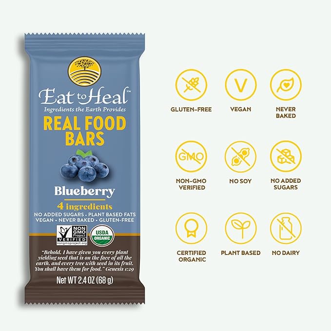 EatToHeal Blueberry Real Food Bar - Organic Protein Bars Vegan Food Healthy Gluten Free Protein Food - Low Sugar Protein Bars Non GMO Never Baked Plant Based Organic Snacks - Crafted to Enjoy