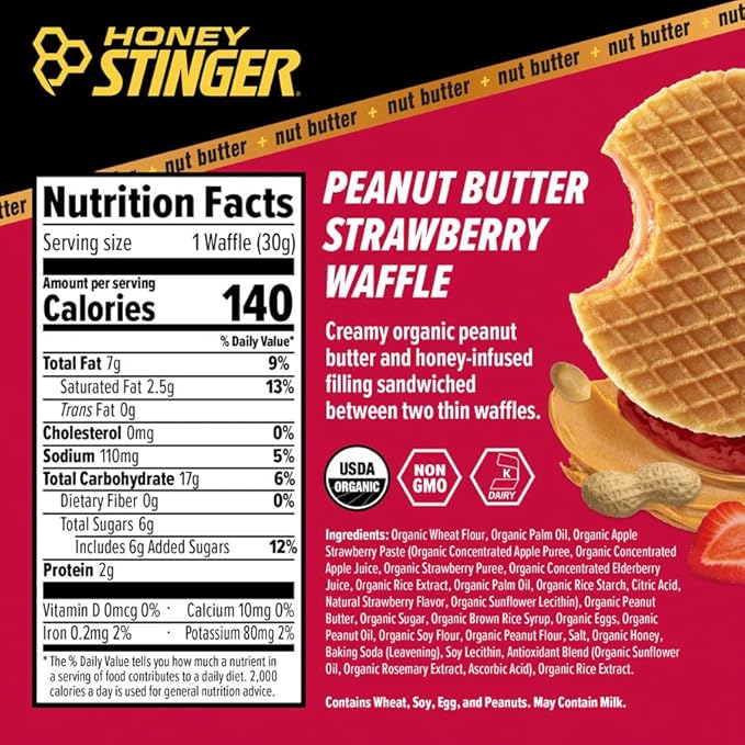 Honey Stinger Organic Peanut Butter &amp Strawberry Waffle Snacks - USDA Organic Kosher Certified Gluten-Free Energy-Boosting Wafers with Honey No Artificial Flavors or Preservatives Pack of 12