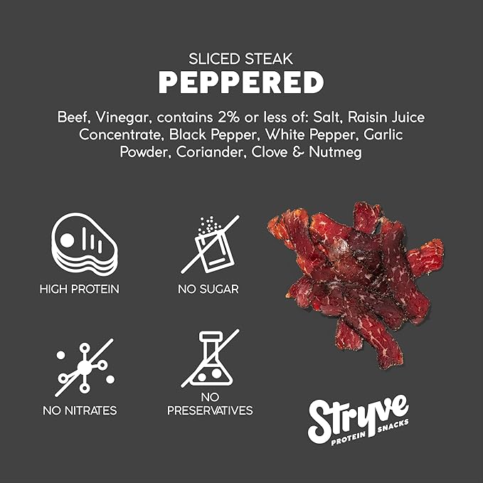 Stryve - Better Than Jerky Steak Snacks Protein Rich Beef Biltong | 36g Protein Sugar Free Carbs Free Gluten Free Dairy Free Keto &amp Paleo Friendly | Peppered Pack Of 4