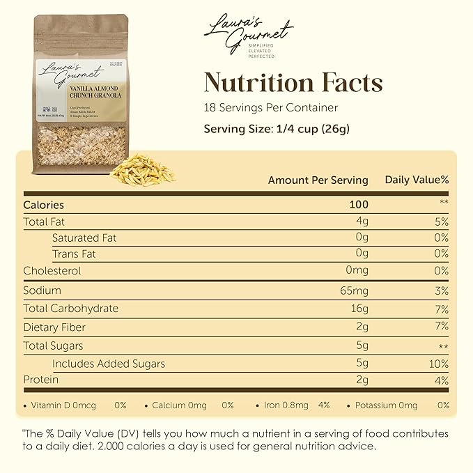 Laura's Gourmet Granola - Vanilla Almond Crunch - Gluten Soy &amp Dairy Free - Organic Premium Honey Almonds &amp Pure Ground Vanilla Artisan Chef's Trifecta of Taste Texture &amp Mouthfeel -