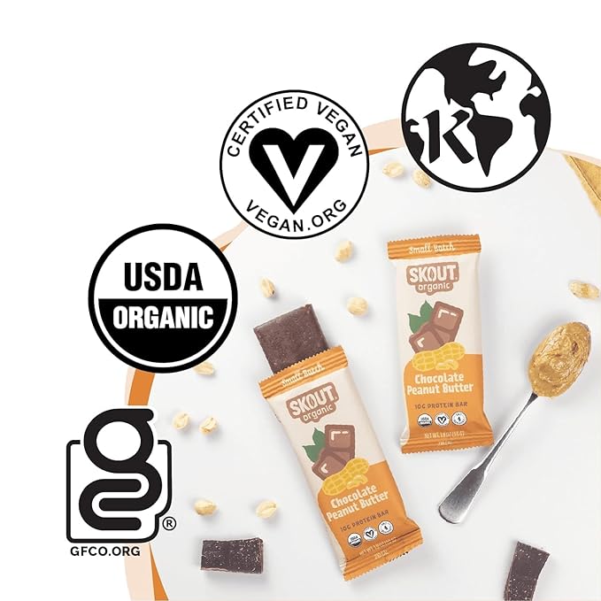 Skout Organic Plant-Based Protein Bars Chocolate Peanut Butter (12 Pack) 10g Protein - Vegan Protein Bars - Only 5 Ingredients - Easy Snack - Gluten Dairy &amp Soy Free