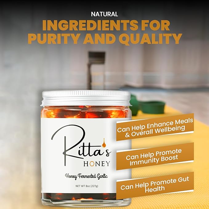 Ritta's Honey Fermented Garlic Honey to Enhance Meals and Overall Wellness. 100% Pure Nutrient Rich Raw California Wild Flower Honey with Organic Fermented Garlic Cloves