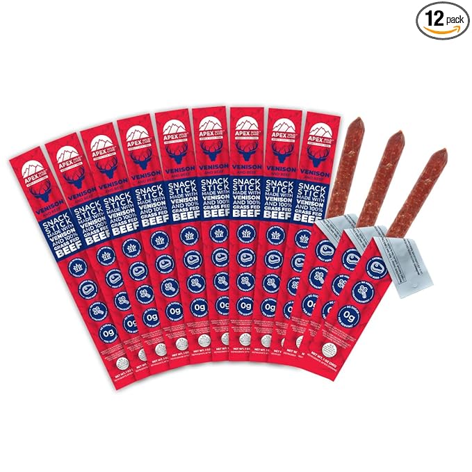 Apex Wild Game Gluten Free Keto Paleo Grass Fed Beef Zero Sugar Jerky Meat Snack Stick 1oz 12-Pack Venison