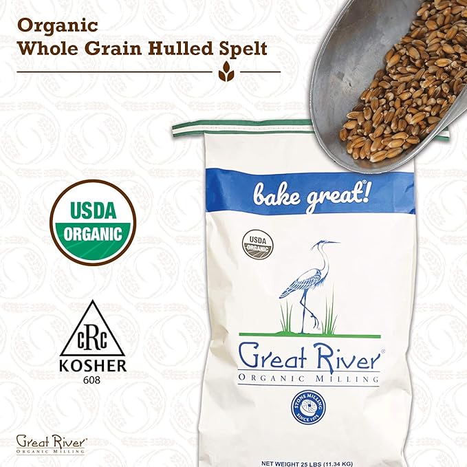 Great River Milling Organic Hulled Spelt Berries | Ancient Whole Spelt Grain | High Fiber &amp Protein | Non-GMO &amp Kosher | Ideal for Baking Salads Pilaf &amp More | 25 Lb