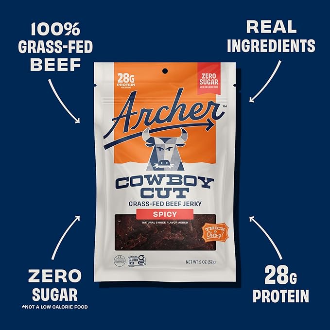 Country Archer Grass-Fed Beef Jerky - Zero Sugar Beef Jerky Sugar Free Meat Snack Bulk Individual Packs Gluten Free Paleo - Spicy 2 Oz (Pack Of 6)