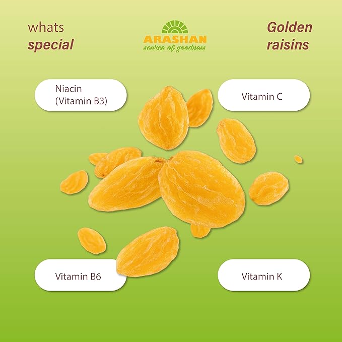 Arashan Golden Raisins – 380g (13.4 oz) – All Natural No Sugar Added – Sweet &amp Juicy – Healthy Dried Fruit Snack – Vegan &amp Gluten-Free – Non-GMO – Resealable Bag Pack of 1