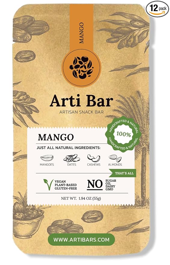 Arti Bar – Mango | Whole Food Energy Bar | 40% Real Mango Vegan Gluten-Free No Added Sugar Clean Ingredients | Plant-Based Healthy Snack