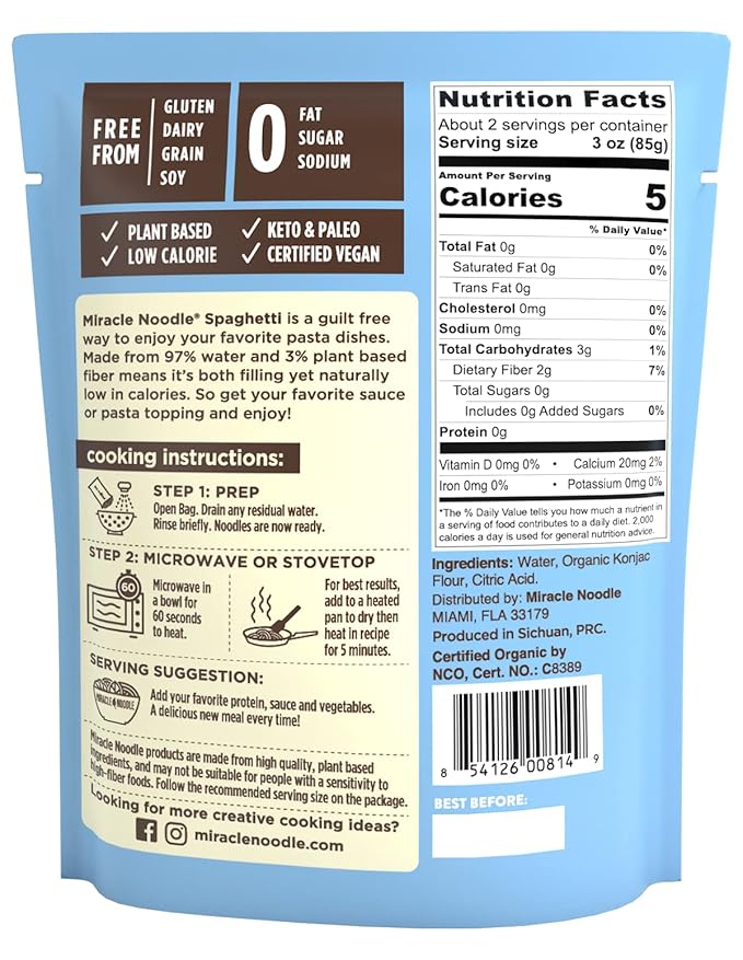 Miracle Noodle Ready to Eat Organic Spaghetti Pasta 7 Oz (Pack of 6) Plant Based Shirataki Konjac Noodles 5 Calories 1g Net Carbs Per Serving Keto Gluten-Free