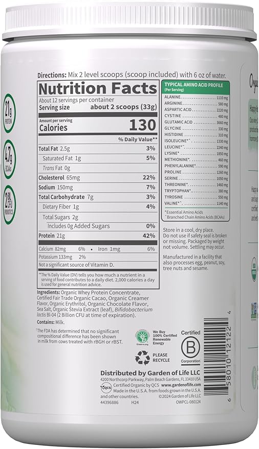 Garden of Life Organic Whey Protein Chocolate Grass Fed Protein Powder – 21g Muscle-Building Powder with Probiotics &amp BCAAs Post-Workout Recovery Hormone-Free Non-GMO Gluten-Free 12 Servings