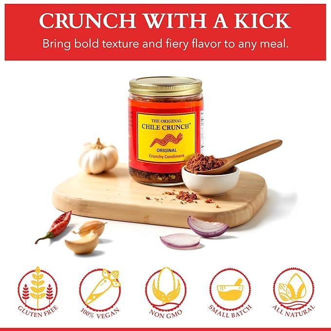 CHILE CRUNCH - Original Spicy Crunchy Condiment - All Natural Roasted Chili Peppers Garlic &amp Onion Crisp Sauce - Vegan Gluten-Free No Preservatives - Homemade Authentic Mexican Recipe 5.5oz (2
