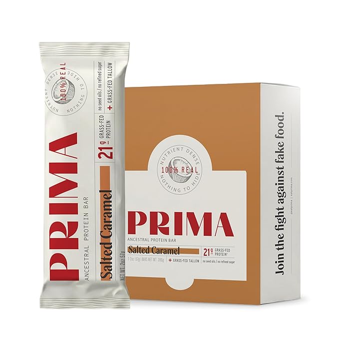 Prima Ancestral Protein Bar | Grass Fed 21g Protein Salted Caramel | Beef Tallow Raw Honey Egg Yolk | Seed Oil Free No Artificial Sweeteners | 7 Pack