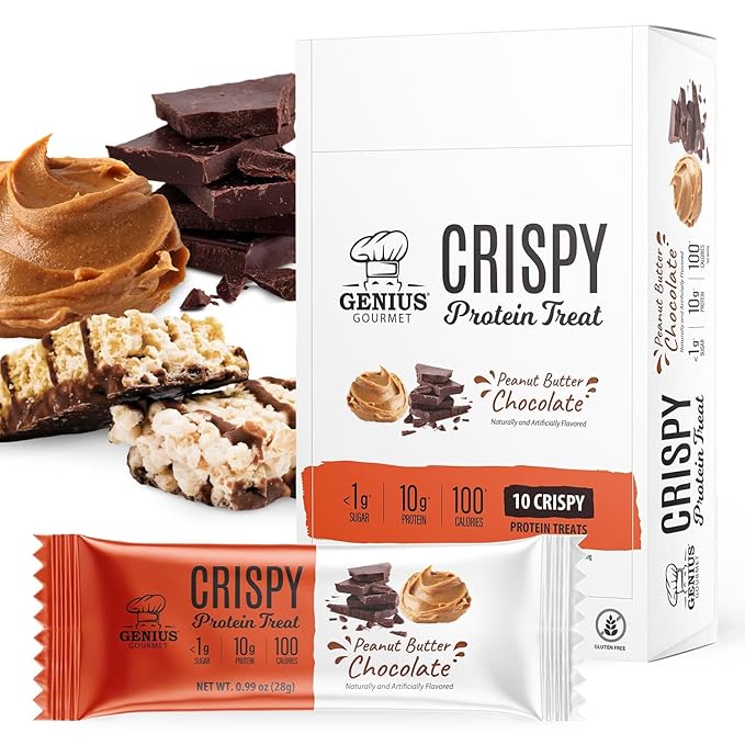 Genius Gourmet Crispy Protein Treat Chocolate Peanut Butter Keto Snack Low Carb Low Sugar &amp Gluten Free Protein Snacks for Adults 10G of Whey Protein per Protein Bar 5 Net Carbs 10 CT