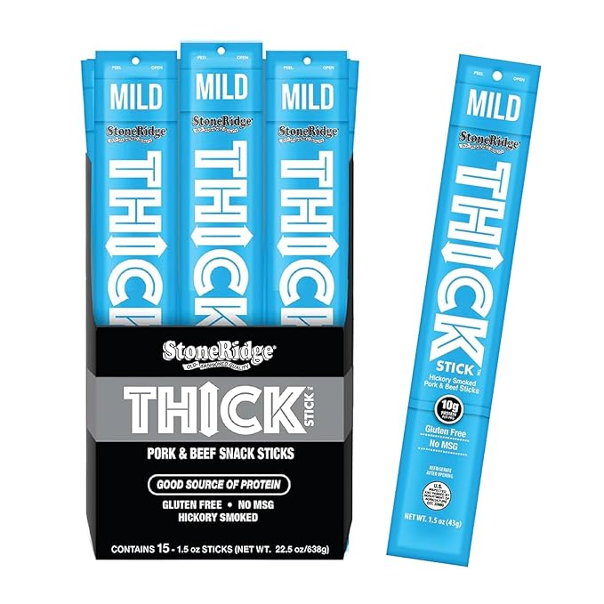 THICK STICK - STONERIDGE OLD-FASHIONED QUALITY MILD - Hickory Smoked Pork and Beef Snack Sticks Gluten Free No MSG 15 Count THICK 1.5 oz Sticks High Protein Soy Free 15 Count