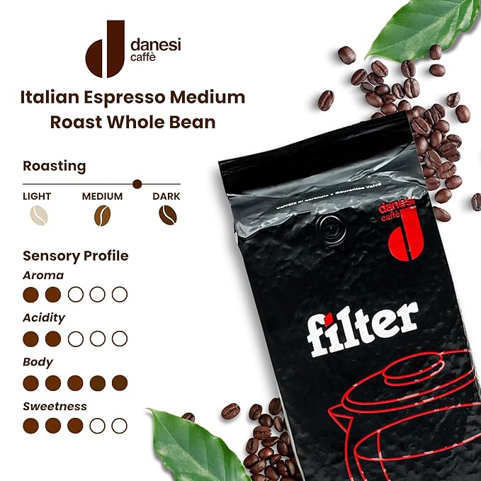 Danesi Caffe Italian Whole Coffee Beans - Espresso Coffee Beans and Medium Roast Whole Bean - Perfect for Espresso Machines French Press and Home Brewing - Filter (2.2 lb)