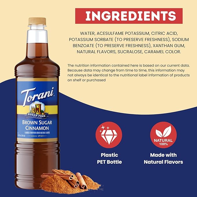 Torani Sugar Free Brown Sugar Cinnamon Coffee Syrup 1 Liter Bottle with Pump Dispenser – Zero Calorie Flavored Syrup for Lattes Cold Brews Teas Cocktails &amp Desserts – Keto Friendly