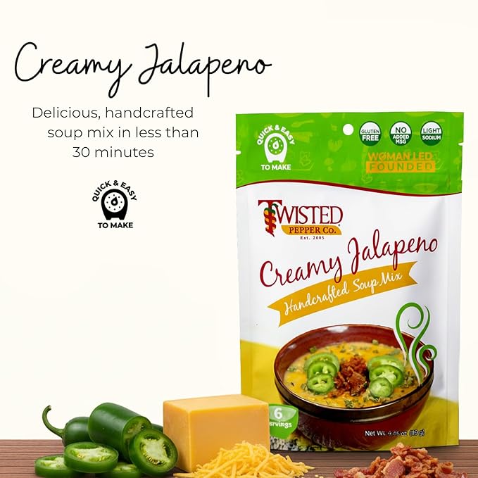 Twisted Pepper Co. Creamy Jalapeño Dry Soup Mix – Handcrafted Homestyle Creamy Soup Gluten-Free Rich Flavor with Jalapeños Bacon Bits Green Chilies Cheddar Cheese – Serves 6