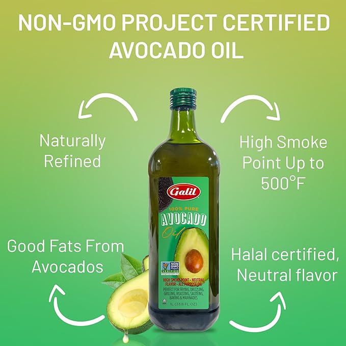 Galil 100% Pure Avocado Oil - High Smoke Point 500°F Non-GMO Vegan Halal Certified - Perfect for Cooking Baking Sautéing Dressings &amp Marinades Rich in Healthy Fats - 1 Liter Glass Bottle
