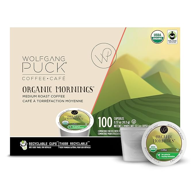 Wolfgang Puck Organic Mornings Fair Trade Organic Medium Roast Coffee Keurig K-Cup Brewer Compatible Pods 100 Count (Pack of 1)