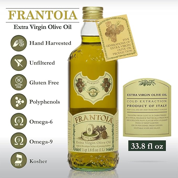 Frantoia Extra Virgin Olive Oil 33.8 fl oz (1 Liter) – Award-Winning Sicilian EVOO Made from Biancolilla Nocellara del Belice &amp Cerasuola Olives – Cold-Pressed within 24 Hours for Fresh Fruity
