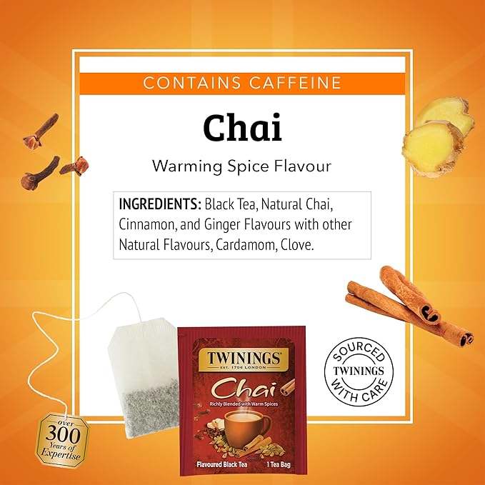 Twinings Chai Black Tea Individually Wrapped Bags 50 Count (Pack of 6) Sweet Savoury Spices Caffeinated Enjoy Hot or Iced 300 Teabags