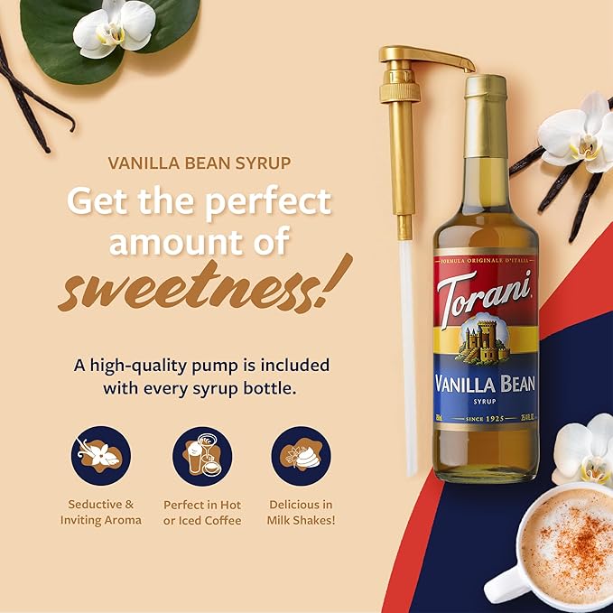 Torani Vanilla Bean Coffee Syrup for Drinks &amp Desserts Glass Bottle 4-Pack Pumps Included 25.4 Fl Oz Ea