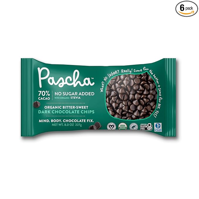 Pascha Organic 70% Cacao Baking Chips - Sugar-Free Dark Chocolate - Keto Vegan Bittersweet Chips with Organic Stevia &amp Erythritol - Rainforest Alliance Certified - Allergen-Free (Pack of 6)