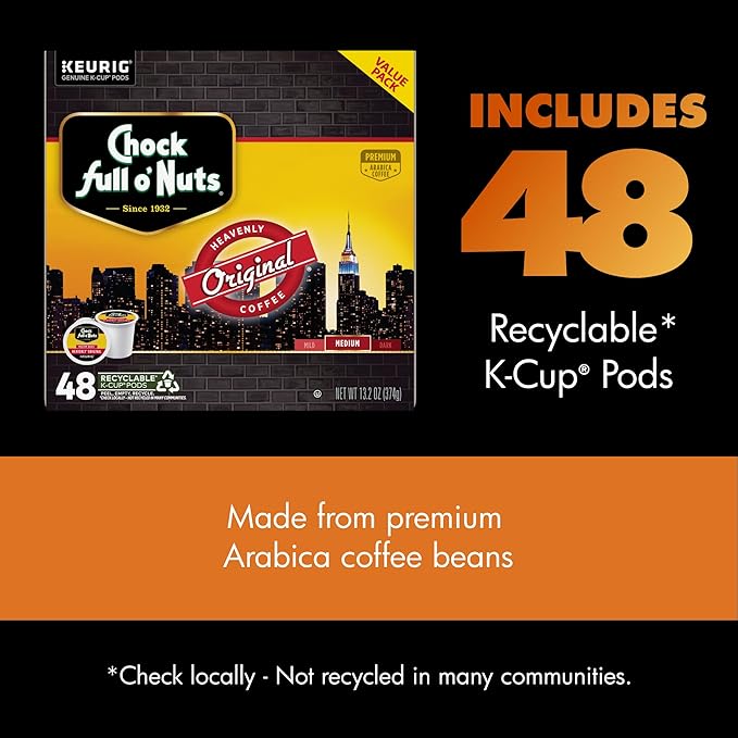Chock Full o' Nuts Heavenly Original Keurig K-Cup Pods for Keurig Brewers – Premium Arabica Medium Roast – Single Serve – 1 Pack of 48 K-Cup Pods